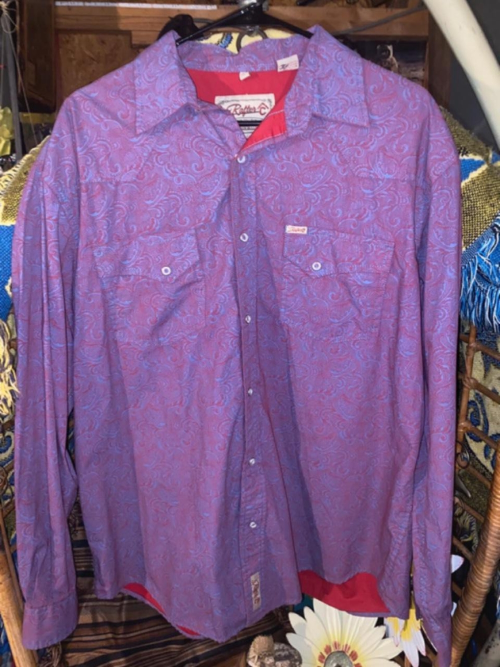 Rafter C Cowboy Collection Men’s XL Paisley Pearl Snap Western Shirt Pink Blue